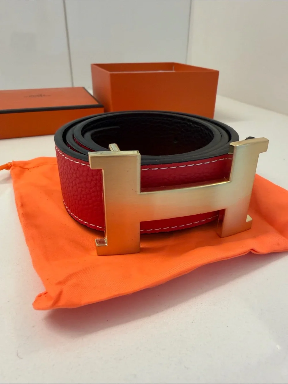 Hermès Reversible H Belt – Red & Black Leather, Gold H Buckle, Box & Dust Bag